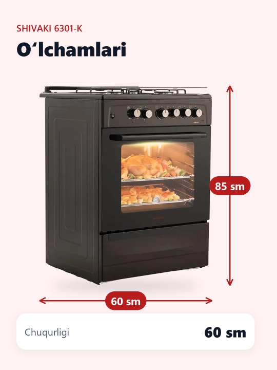 Shivaki 6301-K plitasi, 3 ta konforka, 65 l