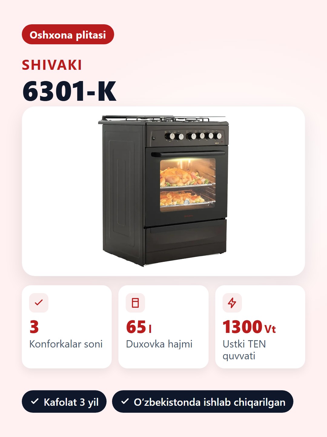 Shivaki 6301-K plitasi, 3 ta konforka, 65 l - 