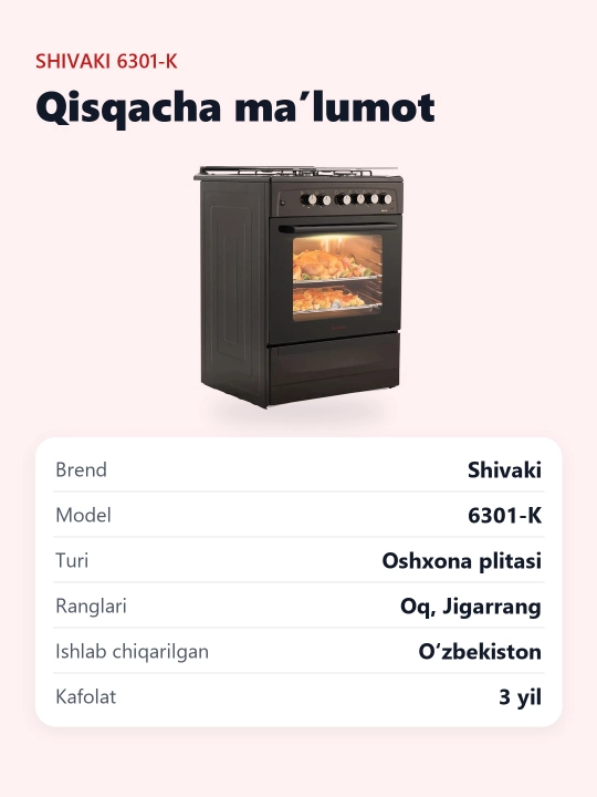 Shivaki 6301-K plitasi, 3 ta konforka, 65 l