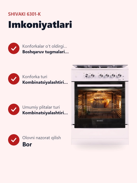 Shivaki 6301-K plitasi, 3 ta konforka, 65 l