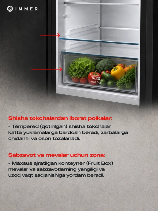 Холодильник IMMER 239 л, DeFrost, A+, механическое управление, ящик для фруктов