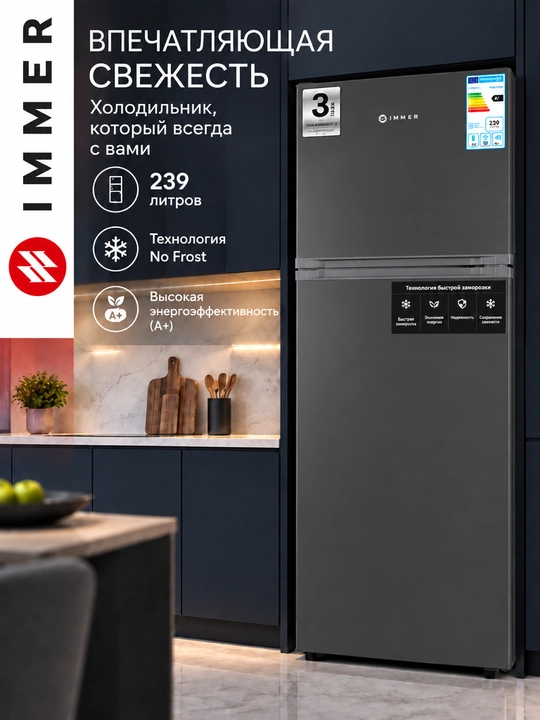 Холодильник IMMER 239 л, DeFrost, A+, механическое управление, ящик для фруктов