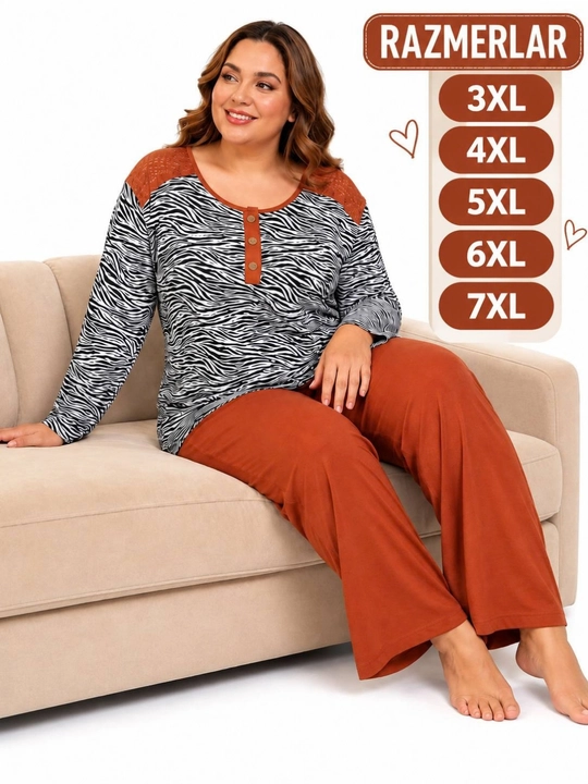 Ayollar uchun katta o‘lchamli 2 qismli pijama, uy kiyimi zebra naqshli kofta, shim 3XL–7XL - 