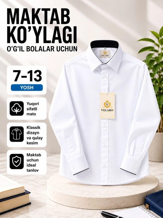 6-10-sinflar uchun oq bolalar maktab ko‘ylagi - 