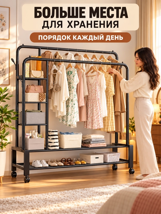 Вешалка для одежды на колесах, с полкой для обуви, металлическая, выдерживает до 60 кг