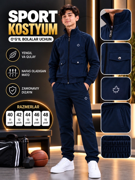 Sport kostyumi, o‘smirlar uchun, 40–48 o‘lcham, 11–15 yosh