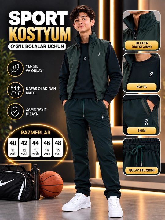 Sport kostyumi, o‘smirlar uchun, 40–48 o‘lcham, 11–15 yosh