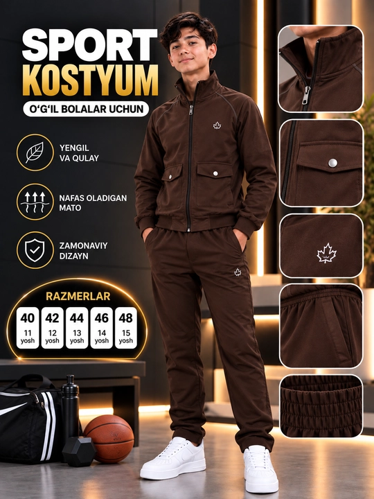 Sport kostyumi, o‘smirlar uchun, 40–48 o‘lcham, 11–15 yosh