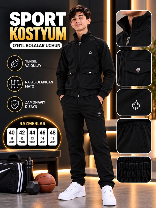 Sport kostyumi, o‘smirlar uchun, 40–48 o‘lcham, 11–15 yosh