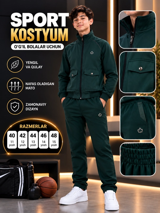 Sport kostyumi, o‘smirlar uchun, 40–48 o‘lcham, 11–15 yosh