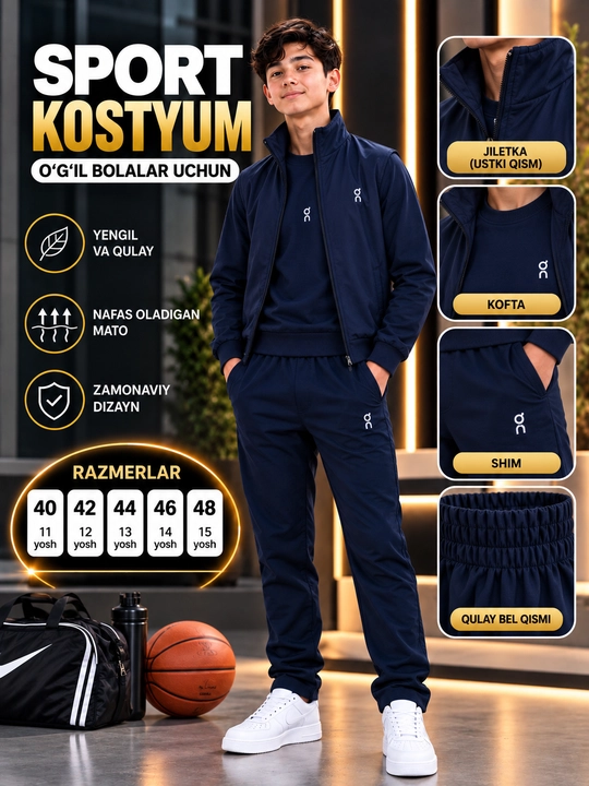 Sport kostyumi, o‘smirlar uchun, 40–48 o‘lcham, 11–15 yosh