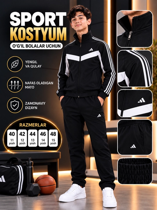 Sport kostyumi, o‘smirlar uchun, 40–48 o‘lcham, 11–15 yosh
