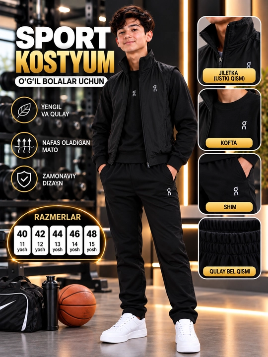 Sport kostyumi, o‘smirlar uchun, 40–48 o‘lcham, 11–15 yosh