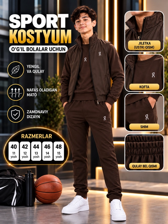 Sport kostyumi, o‘smirlar uchun, 40–48 o‘lcham, 11–15 yosh
