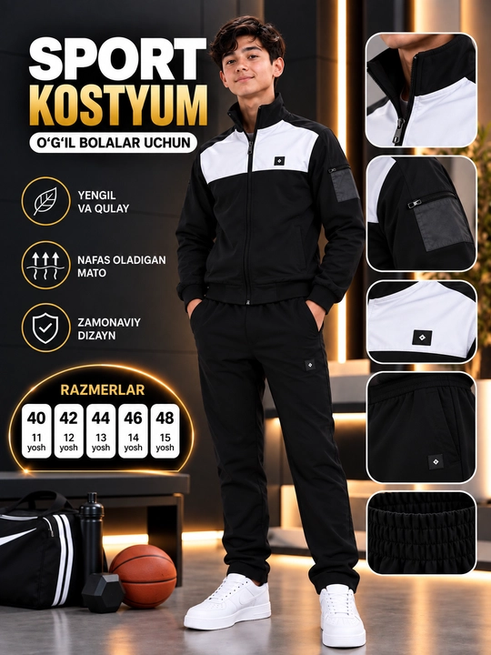 Sport kostyumi, o‘smirlar uchun, 40–48 o‘lcham, 11–15 yosh
