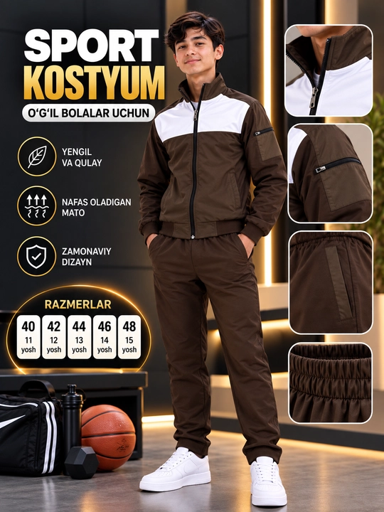 Sport kostyumi, o‘smirlar uchun, 40–48 o‘lcham, 11–15 yosh