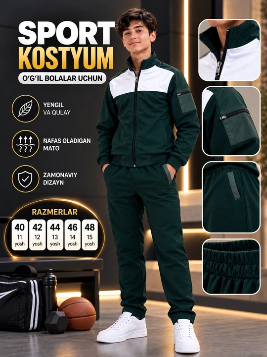 Sport kostyumi, o‘smirlar uchun, 40–48 o‘lcham, 11–15 yosh