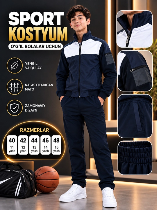 Sport kostyumi, o‘smirlar uchun, 40–48 o‘lcham, 11–15 yosh
