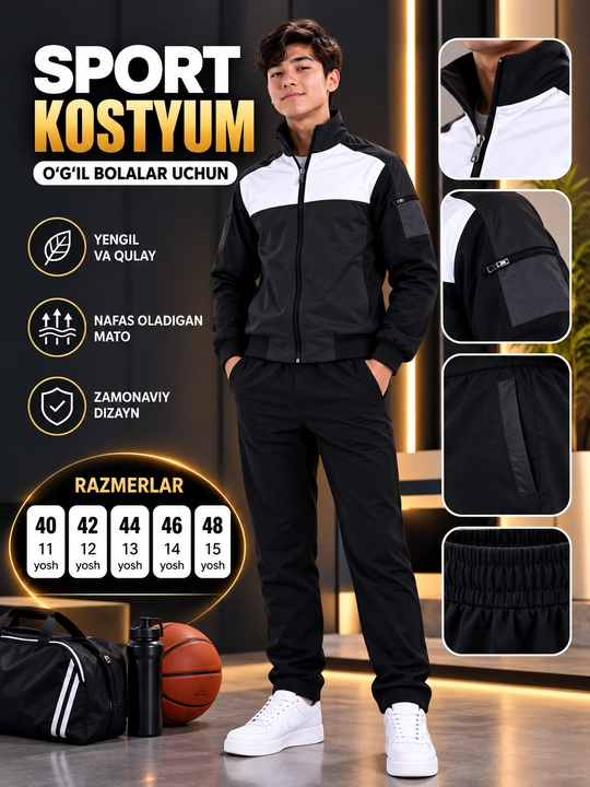 Sport kostyumi, o‘smirlar uchun, 40–48 o‘lcham, 11–15 yosh
