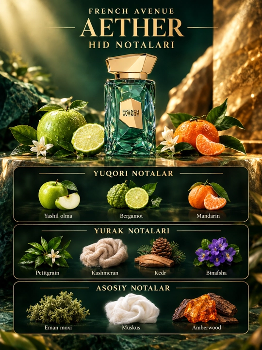 French Avenue Aether Extrait uniseks atir 100 ml — sitrusli, mevali va yog‘ochsimon nafis