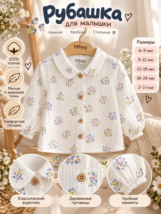 Детская муслиновая рубашка Tiffany Baby,  с воротником и цветочным принтом - 