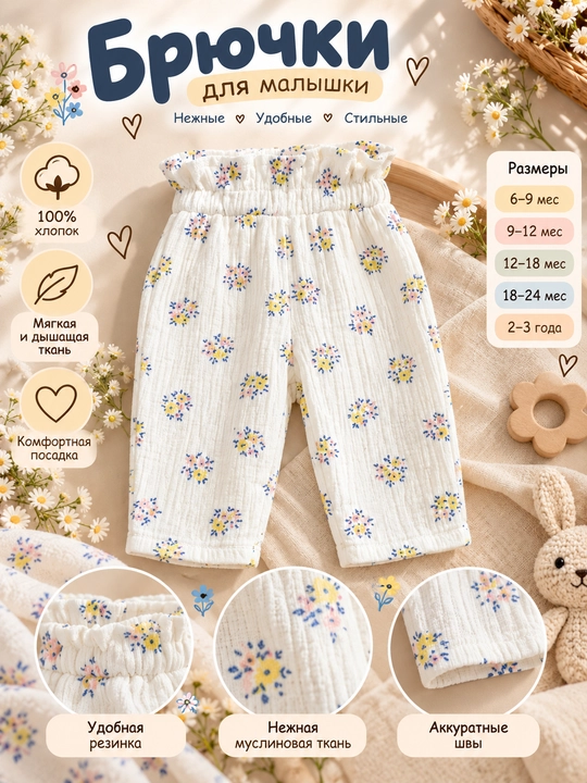 Детские муслиновые брюки Tiffany Baby с цветочным принтом - 