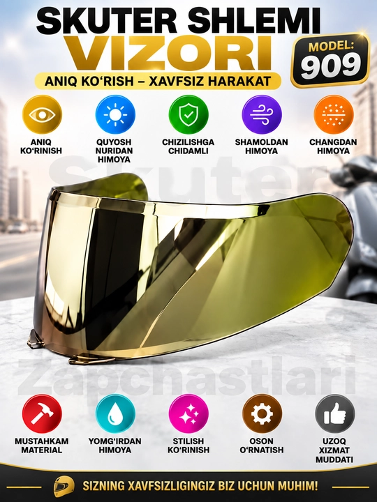 Motoshlem uchun qora vizor, almashtiriladigan himoya oynasi, model 905 - 