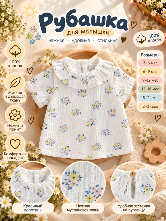Tiffany Baby bolalar uchun ekru rangli, yoqali va gulli printli muslin kofta - 