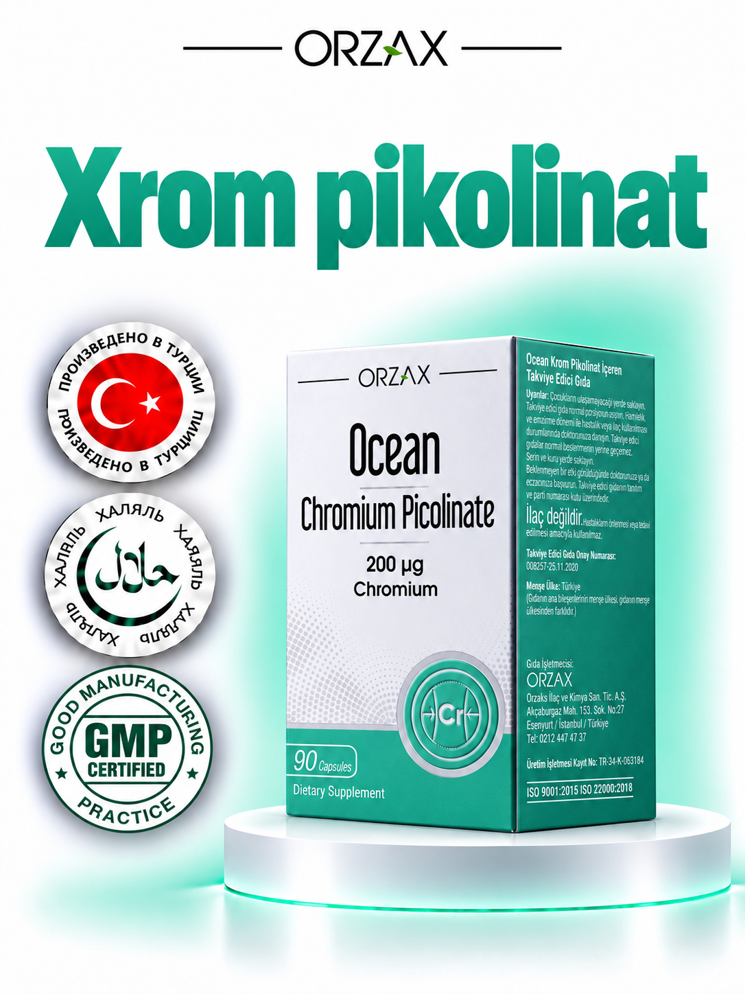 Xrom pikolinat Ocean — xrom 200 mkg, ishtaha va glyukoza nazorati uchun, 90 kapsula, Halol - 