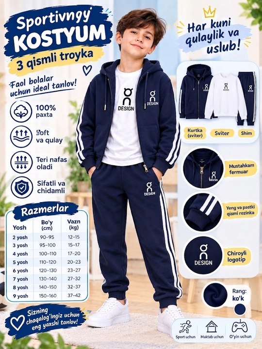 Bolalar uchun 3 qismli sport kostyumi – troyka, spartifka, paxtali kiyimlar to'plami