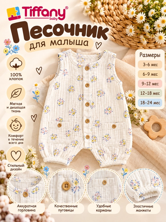 Детский муслиновый комбинезон Tiffany Baby с цветочным принтом, экрю - 