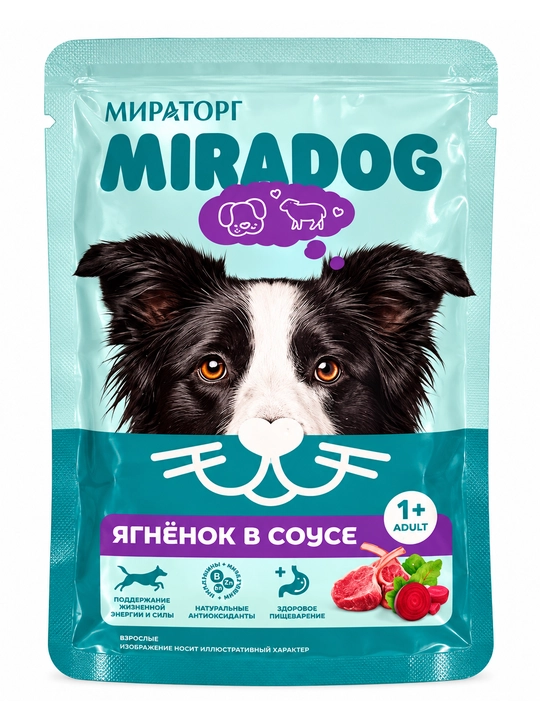 Kattalar itlari uchun sousdagi qo‘zichoqli Miratorg MiraDog ho‘l ozuqasi, 24 dona - 