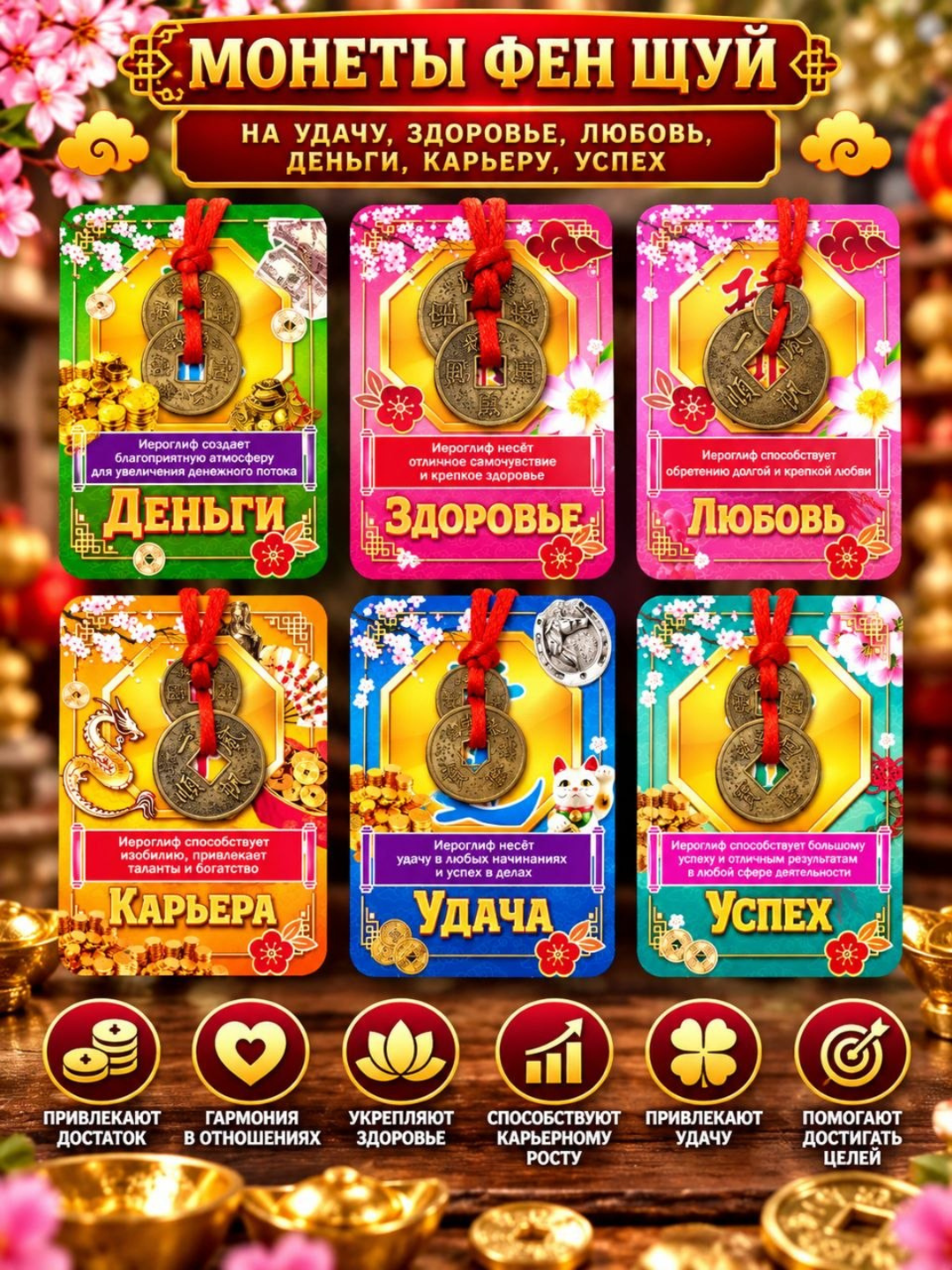 Монеты Фен Шуй для богатства, денег, удачи, процветания, счастья, здоровья, календарь 2026 - 