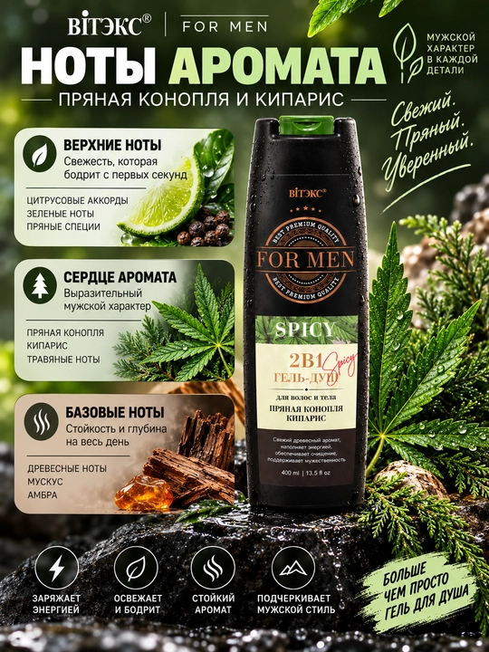 Гель для душа SPICY For MEN для волос и тела, пряная конопля и кипарис, 400 мл, Витэкс