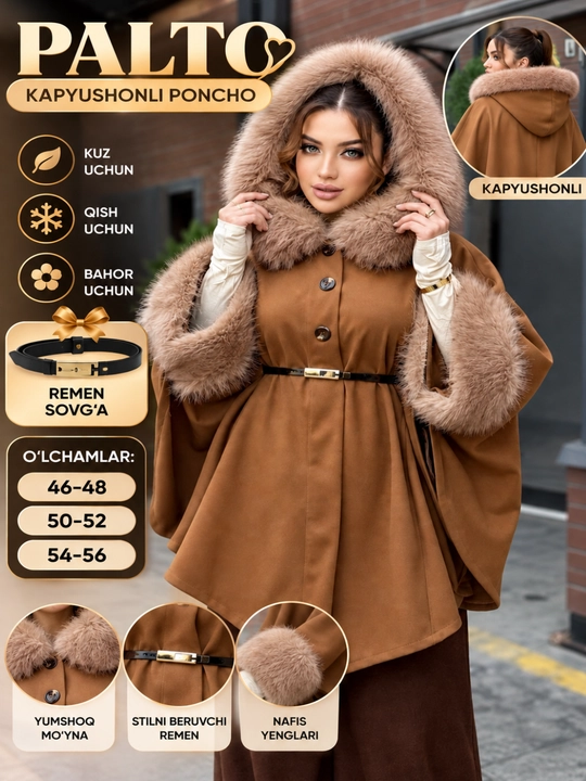 Ayollar paltosi poncho keyp shapkali kamarli kuzgi qishki bahorgi 46–56