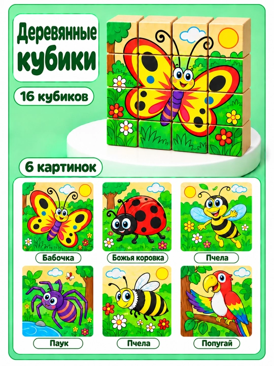 Деревянные кубики "6 пазлов", развивающие, для малышей, 16 деталей