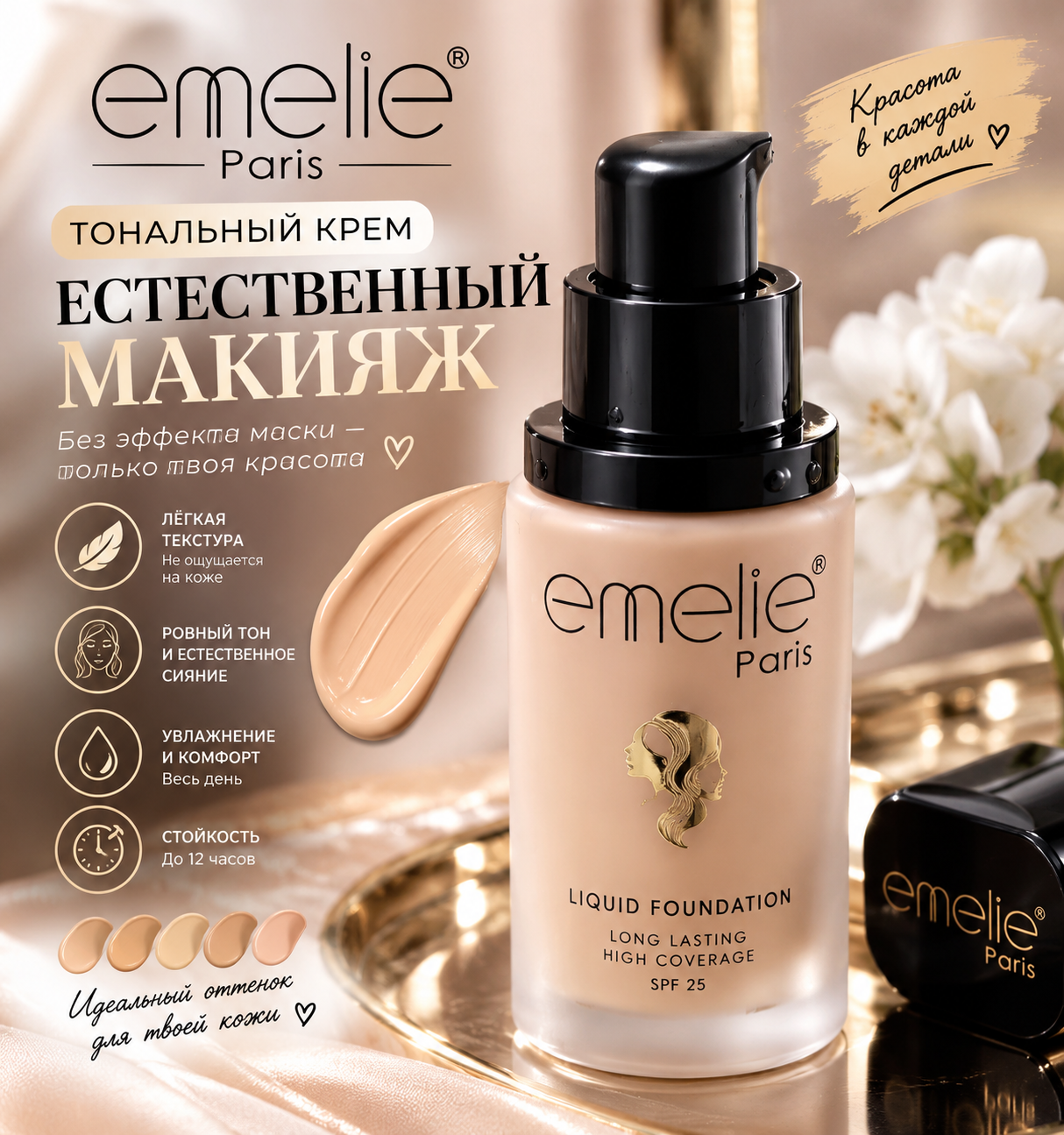 Tonal krem Emelie, SPF 25, namlovchi, mat ohang, 45 ml