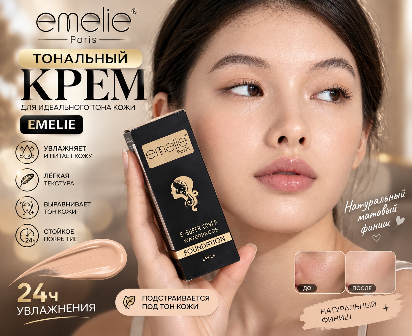 Tonal krem Emelie, SPF 25, namlovchi, mat ohang, 45 ml