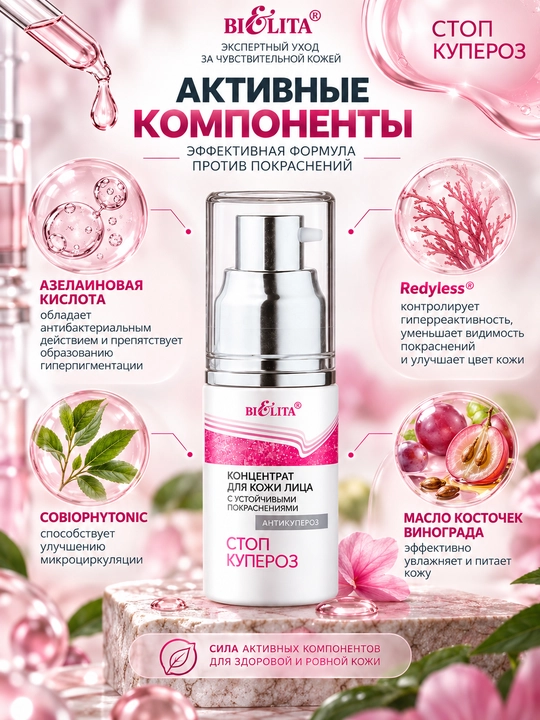 Концентрат для лица Стоп купероз для кожи с устойчивыми покраснениями, 30 мл, Белита