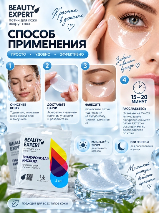 BEAUTY EXPERT ajinlar va qarg'a oyoqlariga qarshi gialuronli ko'z patchlari, 3 g, Belkosmex