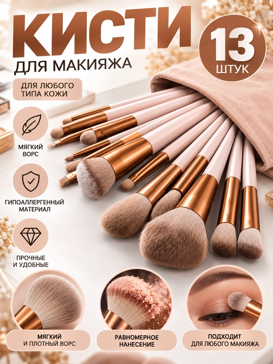 Makiyaj uchun cho‘tkalar, kistochka nabor, to‘plamda 13 dona, g‘ilof bilan - 
