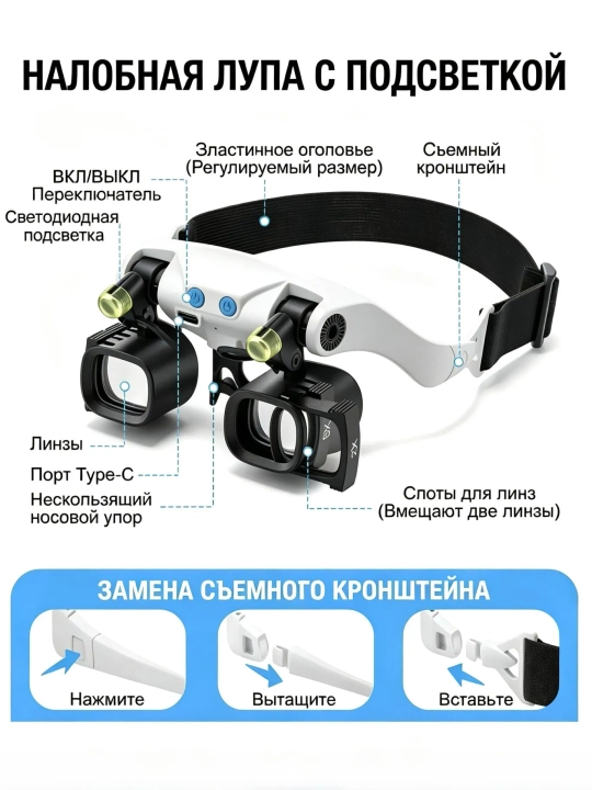 Mayda detallar uchun LED yoritgichli ko‘zoynak-lupa 2x-26x
