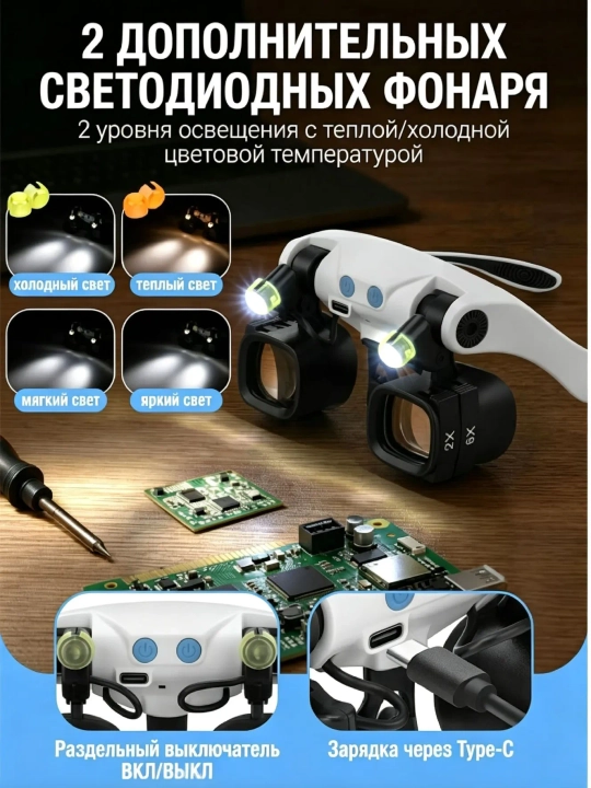 Mayda detallar uchun LED yoritgichli ko‘zoynak-lupa 2x-26x