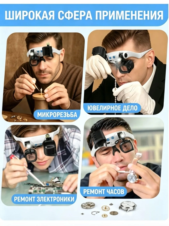 Mayda detallar uchun LED yoritgichli ko‘zoynak-lupa 2x-26x