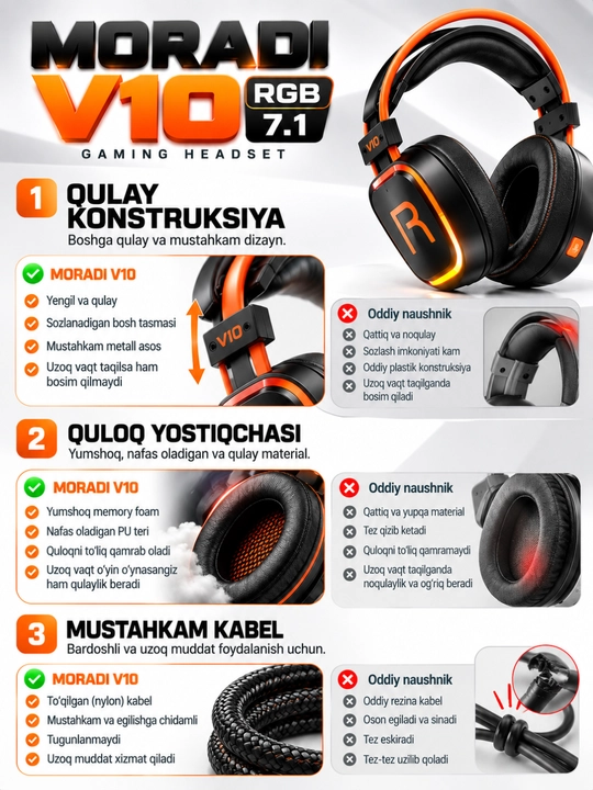 Quloqchin, MORADI V10 RGB kompyuter o‘yin quloqchini, USB 7.1, 50 mm dinamik, mikrofonli