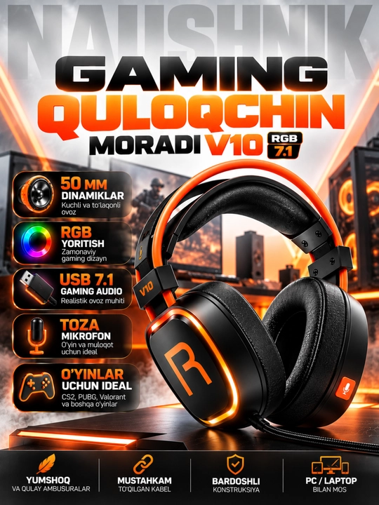 Quloqchin, MORADI V10 RGB kompyuter o‘yin quloqchini, USB 7.1, 50 mm dinamik, mikrofonli - 