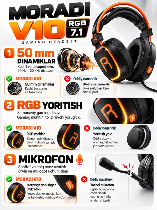Quloqchin, MORADI V10 RGB kompyuter o‘yin quloqchini, USB 7.1, 50 mm dinamik, mikrofonli