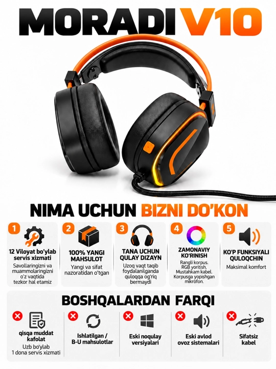 Quloqchin, MORADI V10 RGB kompyuter o‘yin quloqchini, USB 7.1, 50 mm dinamik, mikrofonli