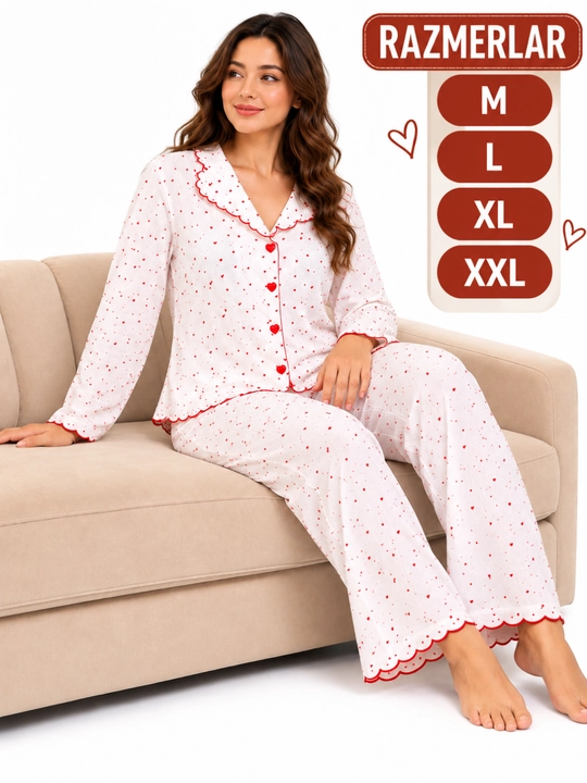 Ayollar uchun ikki qismli pijama, yurakchali uzun yengli kofta va shim, RAZMER; M–L-XL-XXL