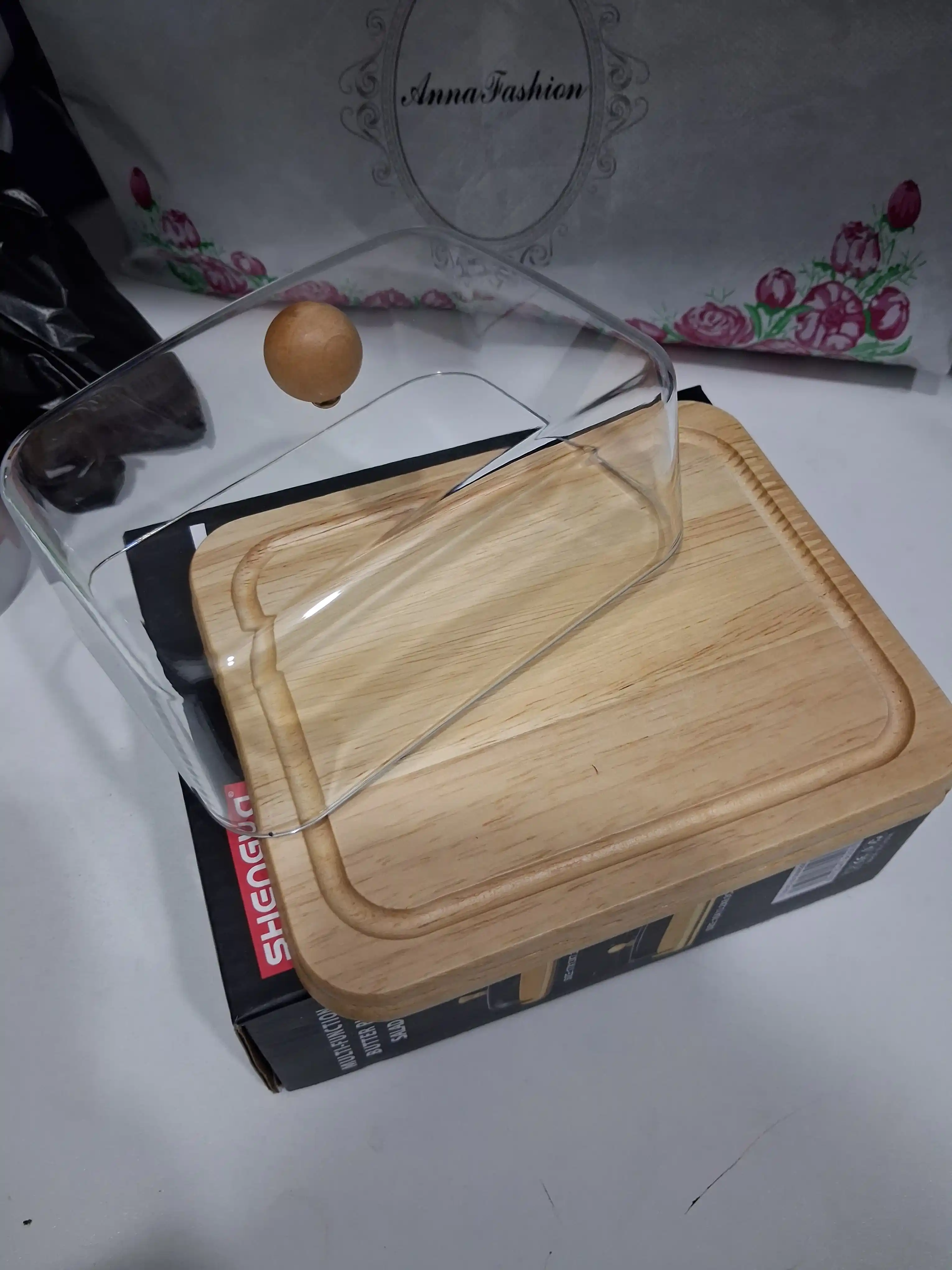 Масленка для масла с крышкой, из бамбука и пластика